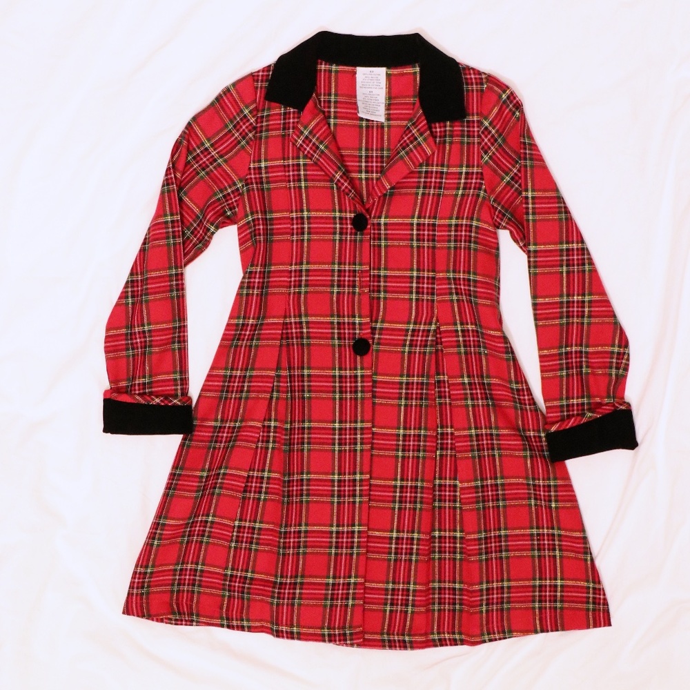 Red Plaid Coat with Black Velvet Detailing